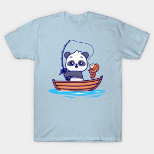 Cute Panda Fishing On Boat Cartoon T-Shirt